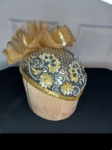 Vintage Sequin Hat ROC black and gold beaded statement flapper costume  - Picture 1 of 8