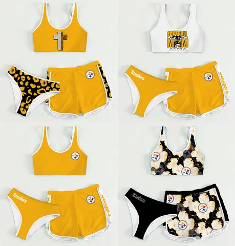Pittsburgh Steelers 3PCS Cotton Sports Yoga Set Crop Tops Cover Up Swim Shorts Cover