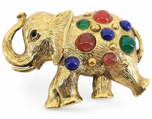 Vintage Faux Gold Elephant Brooch With Cabochon Stones - Picture 1 of 2