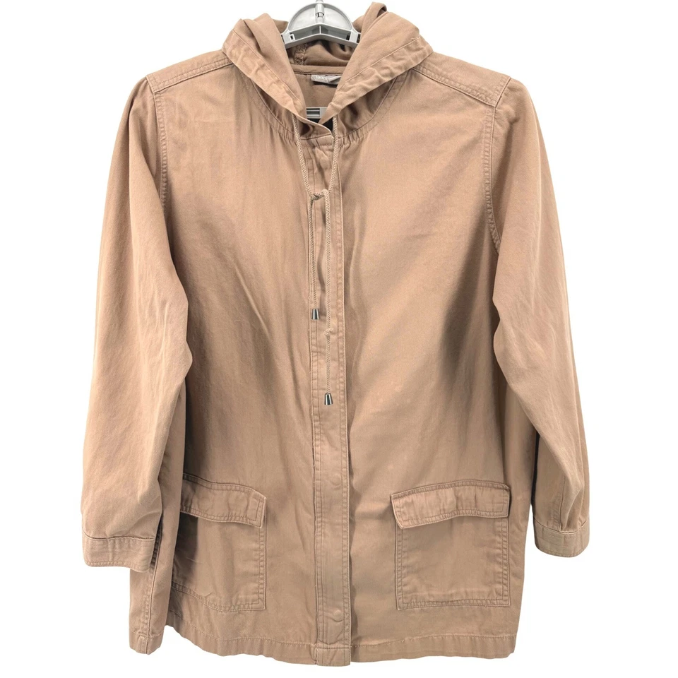 Woman Within 1X Hooded Utility Jacket Khaki Cotton Blend Distressed 1X Gorpcore - Image 1 of 4