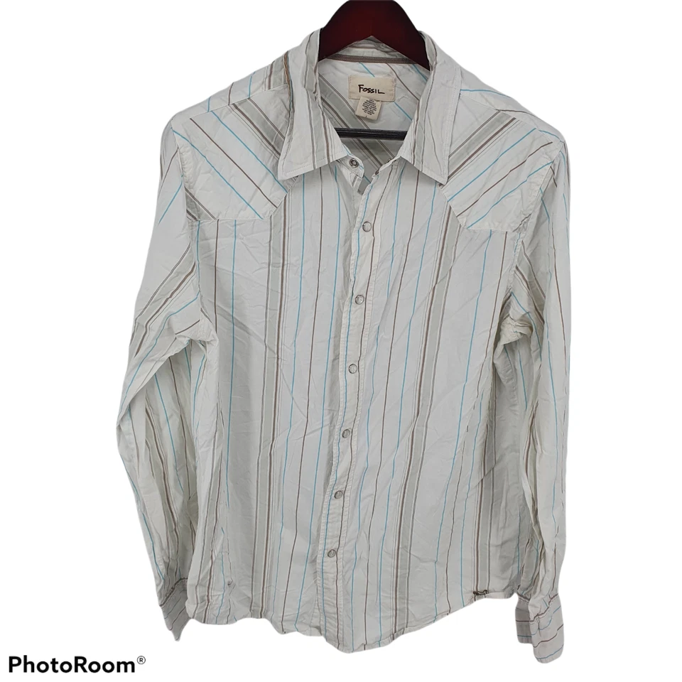 Fossil Shirt Mens Large Western Pearl Snap Cowboy 100% Cotton Striped White - Image 1 of 4