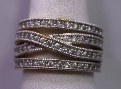 SIZE 7.75 ~ Vintage Yellow Gold Plated Sterling Silver Ring w/ White Gemstones - Image 1 of 4