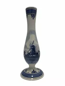 Vintage Delfts blaue Vase handbemalt Holland 9,5"" x 3,5"" Windmühle & Segelboote - Bild 1 von 3