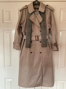 Ensign Vintage 80s Stone Beige Trench Long Coat, Check Scarf Size 10 Fully Lined - Picture 1 of 24