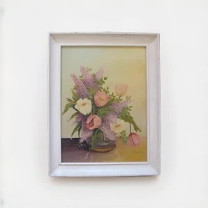 OLD SIGNED FLORAL OIL PAINTING ANNA FIALA TULIPS SHABBY FRAMED VASE OF FLOWERS - Picture 1 of 11