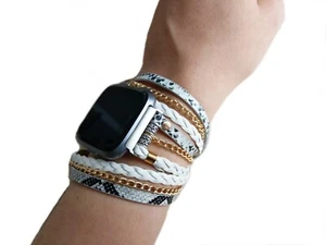 FITBIT VERSA BAND WHITE SNAKE LEATHER GOLD CHAIN VERSA 2 VERSA LITE WRAP STRAP - Picture 1 of 8