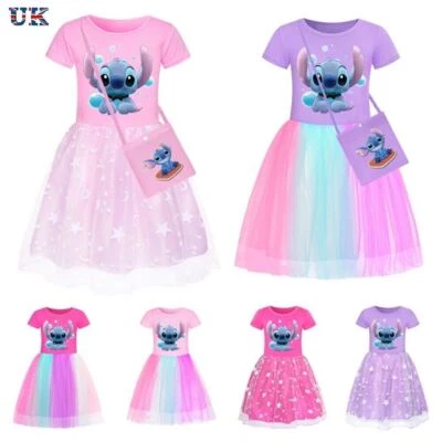 Girls Lilo & Stitch Print Rainbow Dress Skirt Birthday Party Princess Dress UK - Image 1 of 4