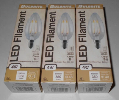 Bulbrite Led Filament 4W B11 Clear Candelabra Base Dimmable - 3 Total Brand New - Image 1 of 4