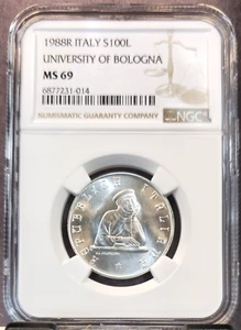 1988 ITALY SILVER 100 LIRE UNIVERSITY OF BOLOGNA NGC MS 69 RARE TOP POP - Picture 1 of 3