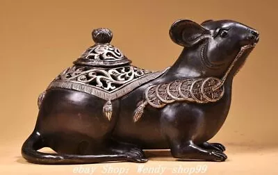 8" Old Dynasty Bronze Silver Feng Shui Wealth Coin Mouse Incense Burner Censer - Image 1 of 4