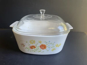 Cazuela vintage Corning Ware de 5 cuartos de galón con tapa A-5-b flores silvestres naranja usada en excelente estado - Imagen 1 de 4