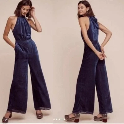 Novo com etiquetas $178 Anthropologie Elevenses tamanho 2 (XS) Nova Macacão Halter Veludo Azul - Imagem 1 de 4