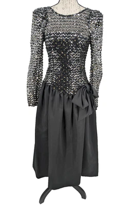 Cachet Formal Dress 7/8 VTG Black Mesh Bodice Sequins Satin Skirt - Image 1 of 4