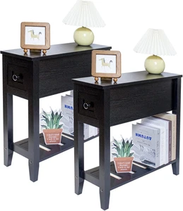 Narrow End Table, Black Side Table with Drawer, Slim Bed Side Table for Small Sp - Picture 1 of 9