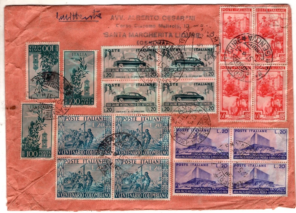 ITALY, 1951, AIR MAIL COVER TO ARGENTINA, W/35 STAMPS POSTAGE - Image 1 of 2
