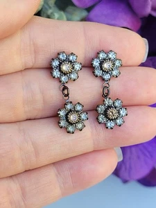 LIZ PALACIOS Champagne Swarovski Crystal Antiqued Bronze Flower Drop Earrings - Picture 1 of 12