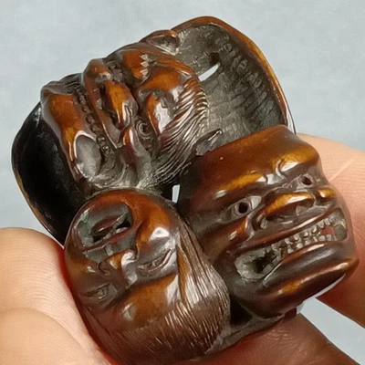 Máscara Edo Era Noh Netsuke tallada en madera 1,4 pulgadas japonesa antigua Inro Foto 1 de 4