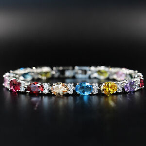 Multi Color Mixed Garnet Topaz Amethyst Gems Silver Women Chain Bracelet 7.5"