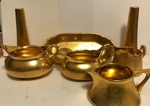 LOT - 7 PCS GOLD GILT, ALL-OVER-GOLD, GOLD ENCRUSTED, CREAM, SUGAR, SALT, PEPPER - Picture 1 of 12