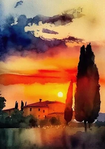 Tuscany Watercolour Painting Poster Print - A4 Size - Picture 1 of 2