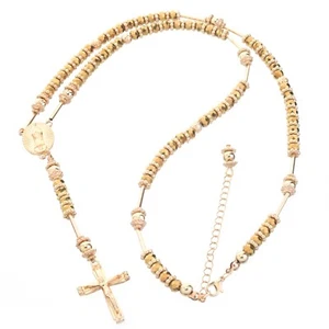 Rosary 5 mm Gold Crystal Bead Guadalupe Jesus Cross 29 in Necklace HR 300 G - Picture 1 of 6