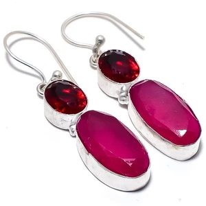 Red Simulated, Garnet Gemstone 925 Sterling Silver Jewelry Earring 2.1" - Picture 1 of 5