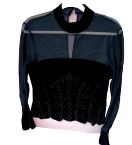 J.R.Nites Caliendo TOP VTG. Black Velvet Beaded Chiffon Long Sleeves - Picture 1 of 17