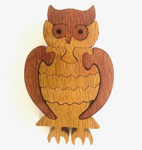 Handcrafted Carved Owl Puzzle 3D Wooden Folk Art Animal Toy Stain Bird Quality - Picture 1 of 7