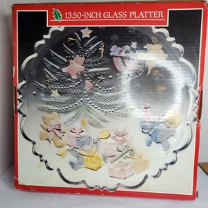 Vintage Christmas Scene Glass Serving Platter w/ Light Color Tint Xmas 13.5” - Picture 1 of 13