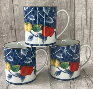 Vintage St Michael Coffee Tea Mugs Blue White Fruit Design x 3 - Picture 1 of 8