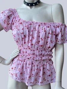 Vintage Blouse 90s Cherry Blossom Sheer Off Shoulder Top Shirred Cottagecore S - Picture 1 of 6