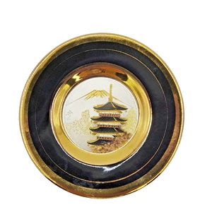 The Art of Chokin Black Plate 24K Gold Edged Pagoda Mt. Fuji Made in Japan 4" - Picture 1 of 13
