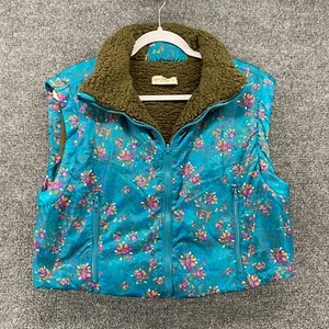 Natural Life Puffer Vest Jacket Womens S Blue Floral Sherpa Lining Crop Hippie - Picture 1 of 8