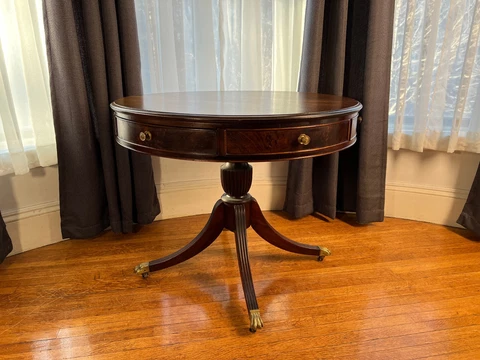Beautiful Mahogany English Regency Style Drum Rent Antique Wood Table Cover