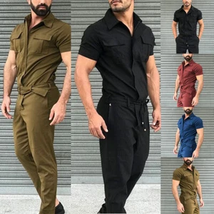 Mens Vintage Casual Slim Overalls Short Sleeve Jumpsuits Rompers Pants Dungarees - Picture 1 of 15