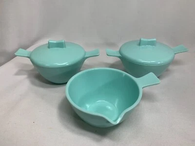 Vintage Melmac Teal Blue Creamer and 2 Sugars with Covers - UNUSED CONDITION - Image 1 of 4
