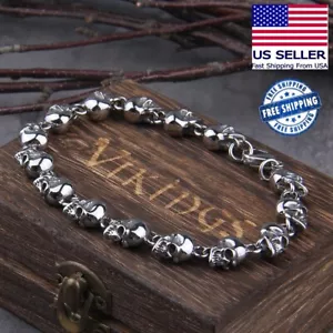 Stainless Steel Mens Punk Skull Chain Bracelet Viking Men's Gothic Jewelry - Picture 1 of 8