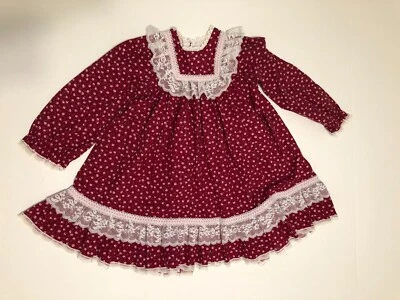 Vestido de Fiesta Vintage Bryan Borgoña, Encaje y Volantes Flor Niña Pequeña Talla 3T Foto 1 de 4