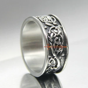 Men Nordic Celtic Knot Steel Band Ring Viking Amulet Dragon Dreki Jormungand 9mm - Picture 1 of 6
