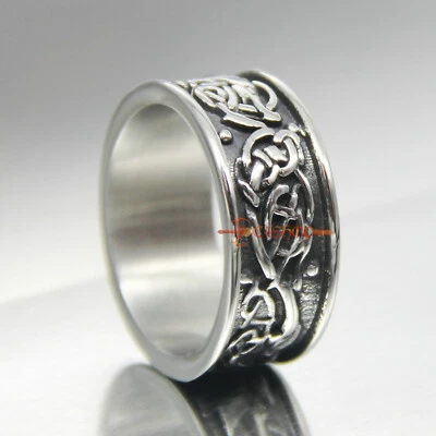 Men Nordic Celtic Knot Steel Band Ring Viking Amulet Dragon Dreki Jormungand 9mm - Image 1 of 4