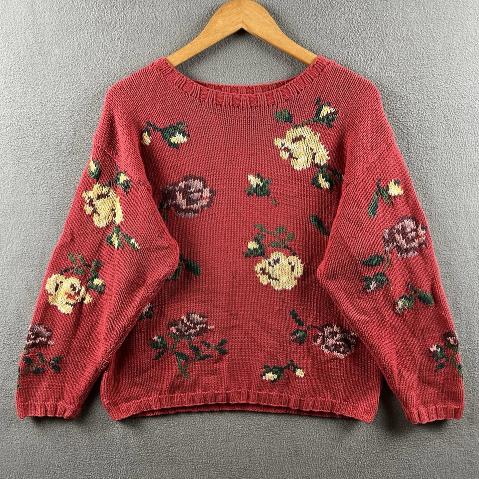 Vintage Eddie Bauer Sweater Women’s Large Red Chunky Knit Floral Cotton 90s - Image 1 of 4