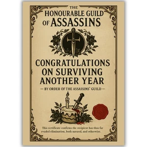 Funny Assassin Guild Discworld Style Birthday Card Gothic Humour For Him Her Men - Picture 1 of 7