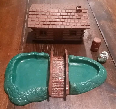 O Scale Built Log Cabin, Pond W/ Bridge, Barrel, & Turkey Plasticville Bachmann  - Image 1 of 4