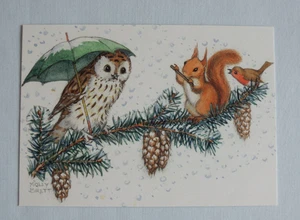 1x Postkarten Weihnachten Eule Eichhörnchen Rotkehlchen Schnee Zapfen Zweig musi - Picture 1 of 2
