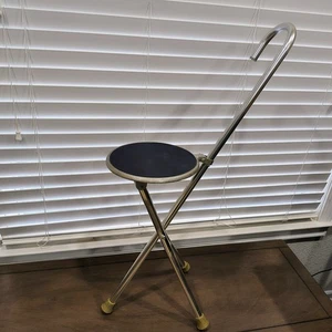 Vintage 2 in 1 Aluminum Folding Chair Stool Walking Cane Metal Lightweight - Picture 1 of 10