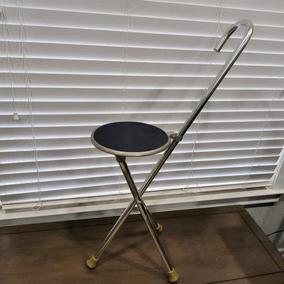 Banqueta dobrável de alumínio vintage 2 em 1 bengala de caminhada metal leve - Imagem 1 de 4