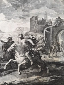 Kupferstich von 1672. Die Verfolgung der Kundschafter (Jos. 2). Rahab. Matthäus  - Bild 1 von 3