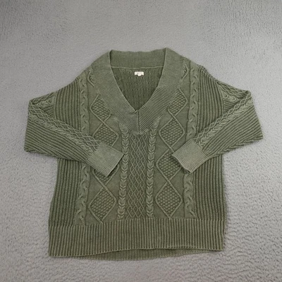 Suéter Aerie Mujer Medio Verde Grueso Cable Tejido Cuello en V 100% Algodón Pullover Foto 1 de 4