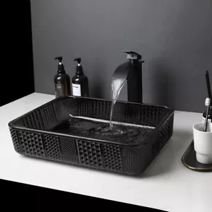 US Black Rectangle Bathroom Sink Tempered Glass Waterfall Mixer Pop Up Drain Tap - Picture 1 of 10