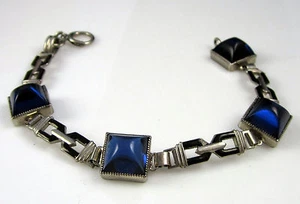 Vintage WELLS Syntethic blauer Saphir schwarz Emaille Sterlingsilber Gliederarmband - Bild 1 von 7
